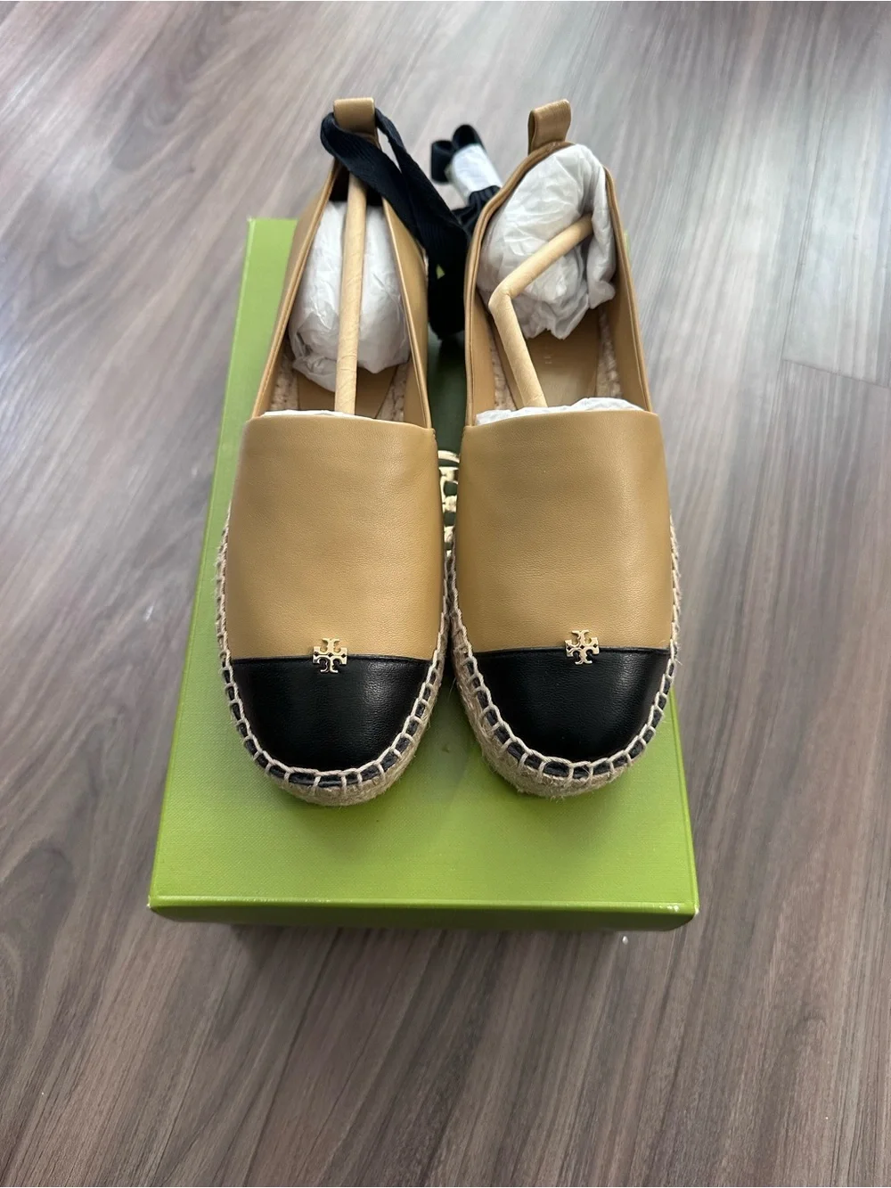 Tory Burch Tan and Black Leather Espadrille Slip-Ons